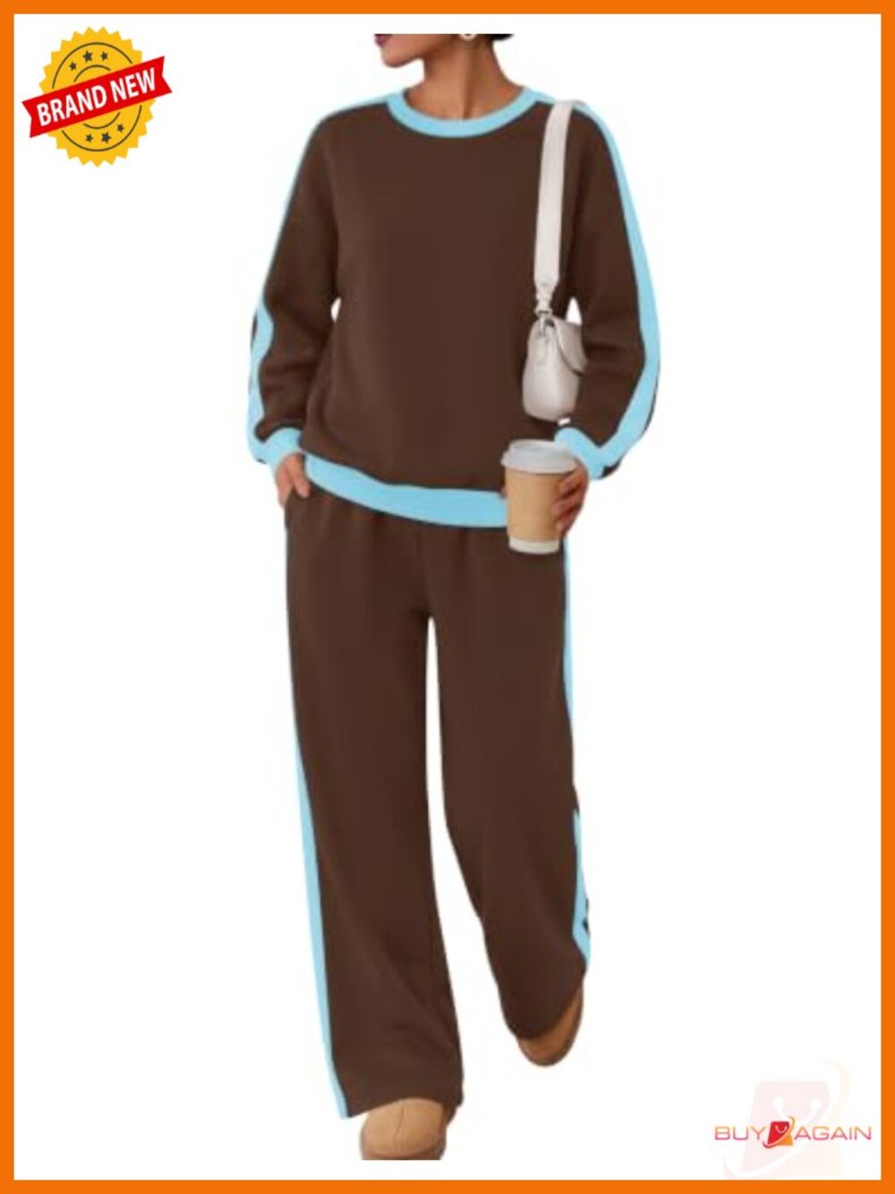 2 Piece Fleece Lined Sweatsuit Set Oversized Crewneck Wide Leg Sweatpants